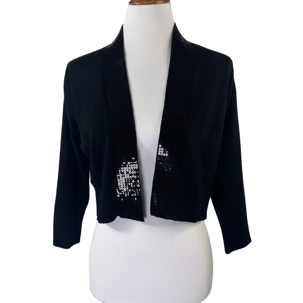 Calvin Klein Cropped Sequin Cardigan‎ 3/4 Sleeve Black Sweater Open Womens M - Picture 2 of 10